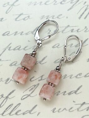 Sterling Leverback Earrings with Pink Peach Sunstone Cube Gemstones